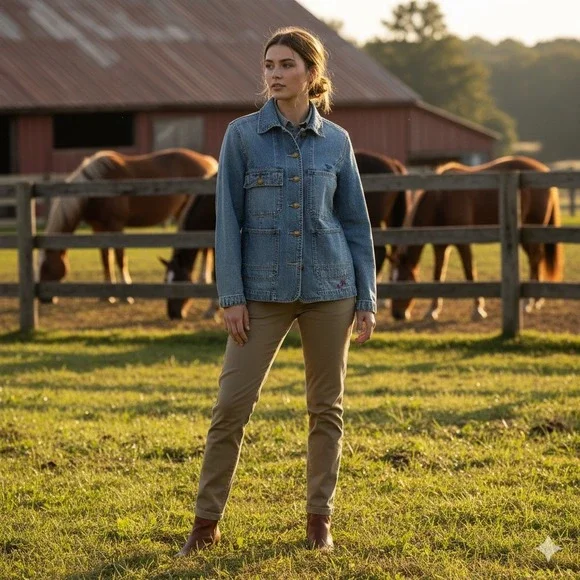 Lauren Ralph Lauren LRL Denim Chore Jacket Womens S Pockets Embellished Buttons - Picture 16 of 16